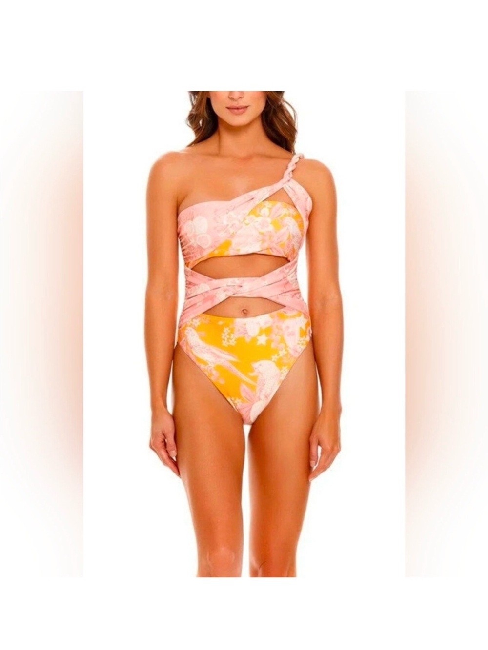 Agua bendita One-Shoulder Pink & Yellow Floral One-Piece Swimsuit